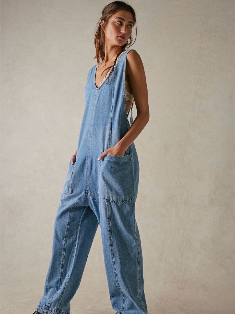 We The Free High Roller Light Blue Denim Utility Jumpsuit Size L